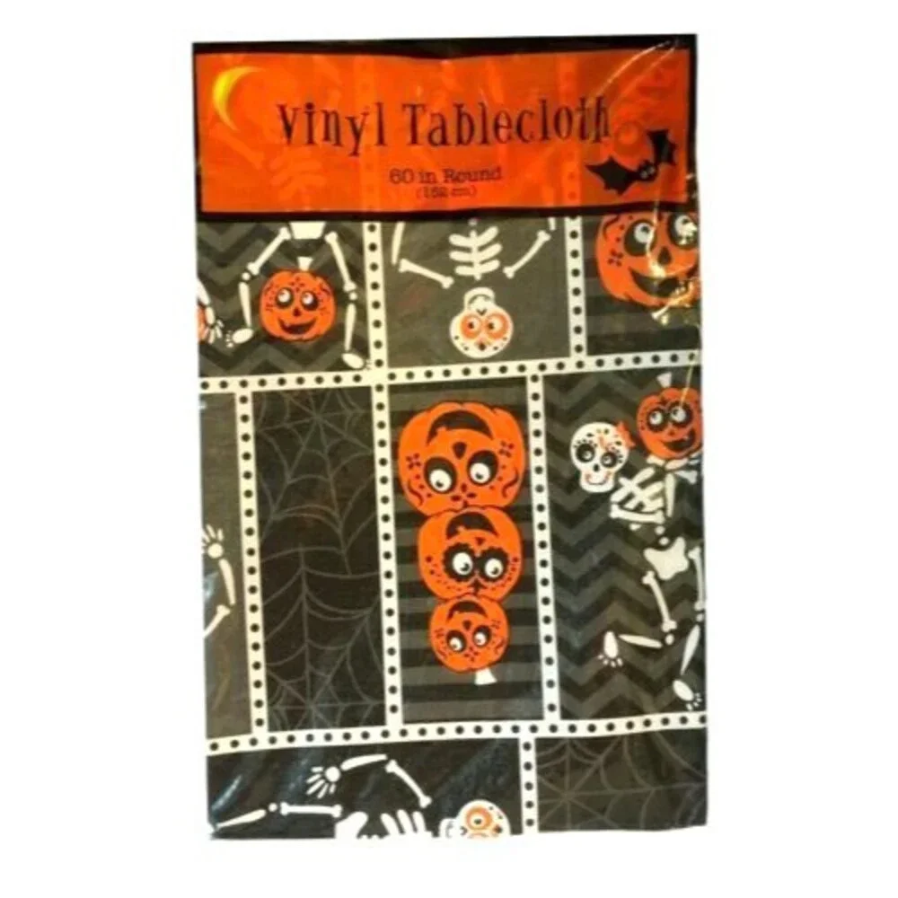 Halloween Tablecloth Skeletons Pumpkins Vinyl Flannel Backed Spider Webs 60